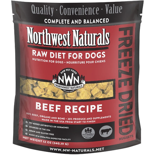 Red and black bag of Northwest Naturals freeze dried beef nuggets.