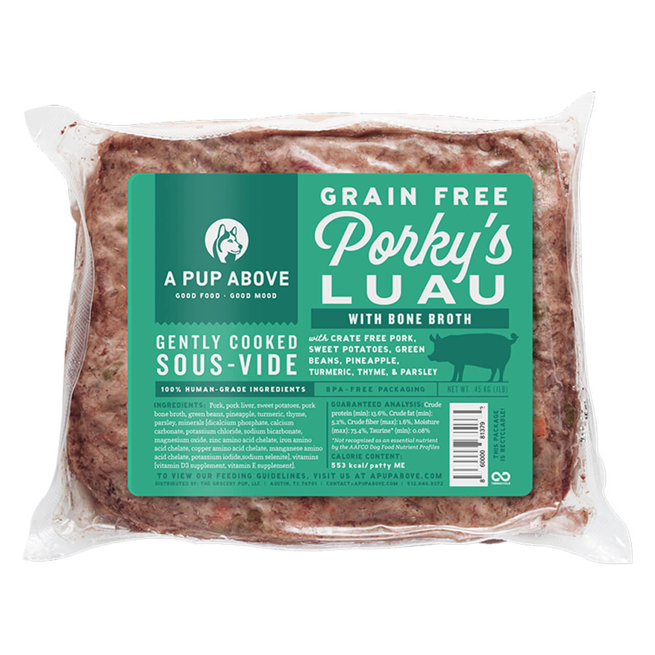 A Pup Above Frozen Gently Cooked Porky's Luau Dog Food