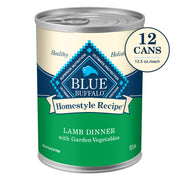 Can of Blue Buffalo Homestyle Recipe Lamb Dinner with Garden Vegetables on a white background