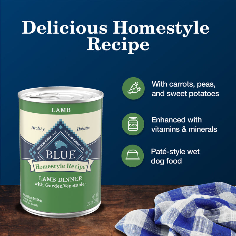 Can of Blue Buffalo Homestyle Recipe Lamb Dinner with Garden Vegetables on a white background
