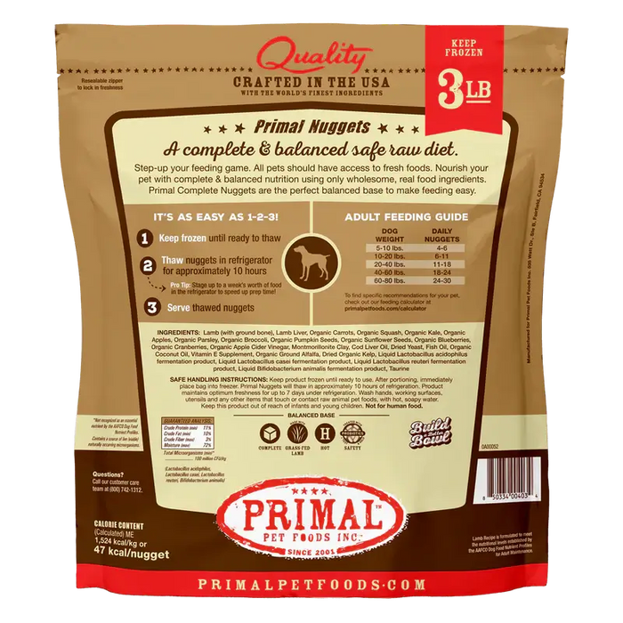 Primal Dog Frozen Nuggets Lamb 3 lbs Same Day Shipping Raw Dog