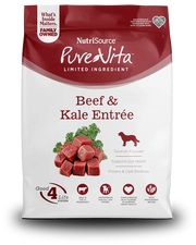 NutriSource PureVita dog food package with beef and kale entrée on a white background