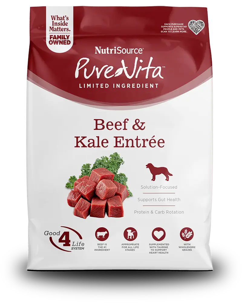 NutriSource PureVita dog food package with beef and kale entrée on a white background