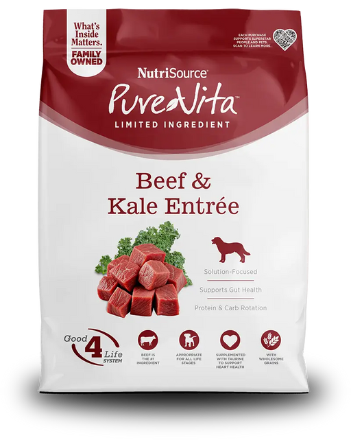 NutriSource PureVita dog food package with beef and kale entrée on a white background