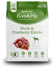 NutriSource PureVita dog food package with duck and cranberry entrée on a white background