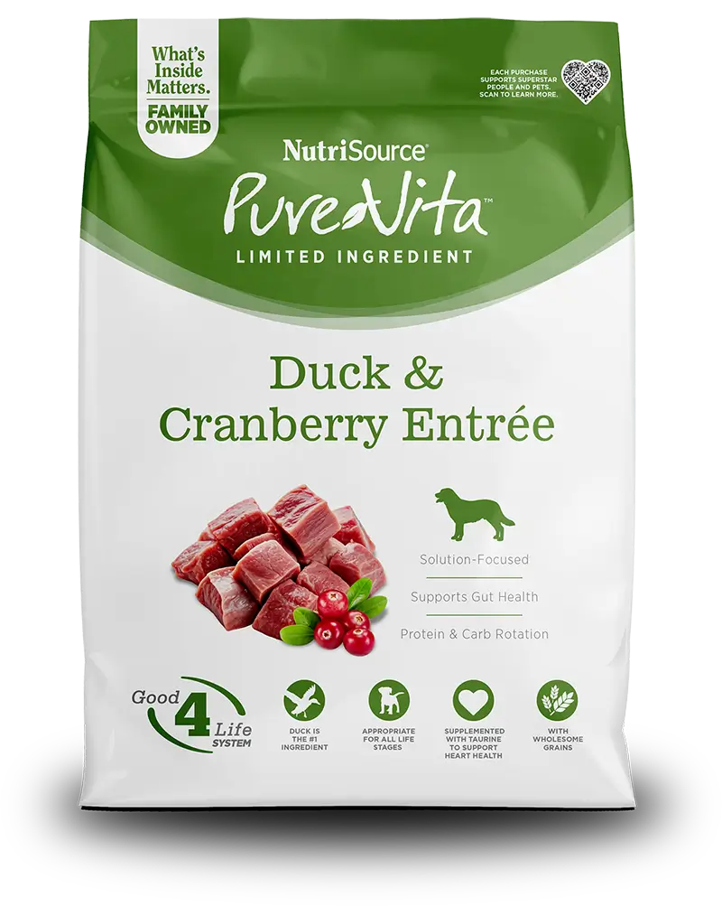 NutriSource PureVita dog food package with duck and cranberry entrée on a white background