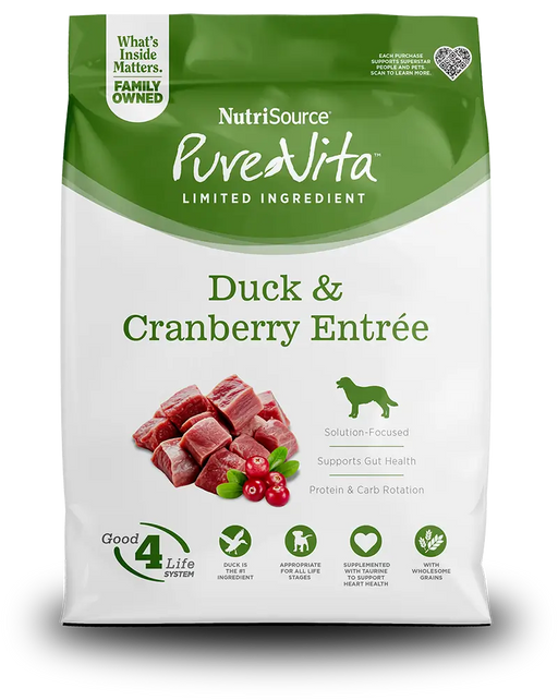 NutriSource PureVita dog food package with duck and cranberry entrée on a white background