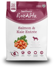 NutriSource PureVita Limited Ingredient Salmon & Kale Entree dog food package on a white background