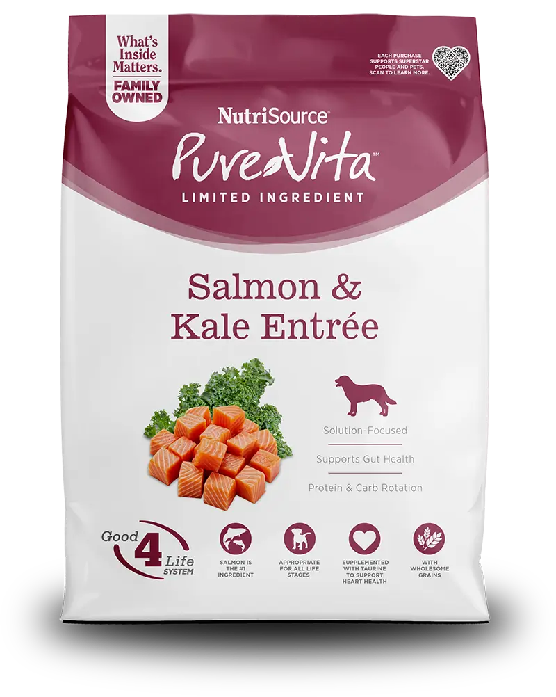 NutriSource PureVita Limited Ingredient Salmon & Kale Entree dog food package on a white background
