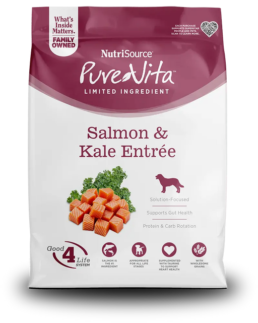 NutriSource PureVita Limited Ingredient Salmon & Kale Entree dog food package on a white background