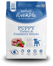 NutriSource PureVita Puppy Turkey & Cranberry Entrée dog food package on a white background