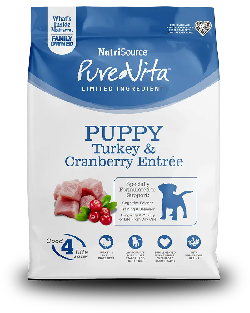 NutriSource PureVita Puppy Turkey & Cranberry Entrée dog food package on a white background