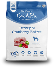 NutriSource PureVita dog food package with turkey and cranberry entrée on a white background