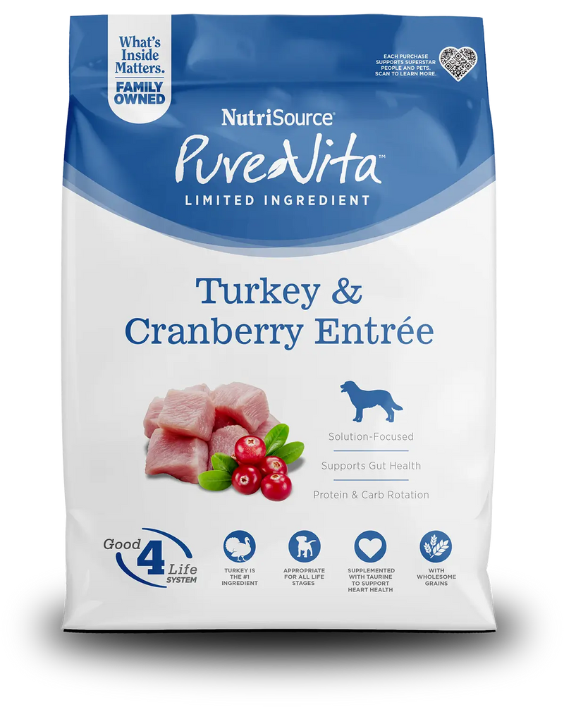 NutriSource PureVita dog food package with turkey and cranberry entrée on a white background
