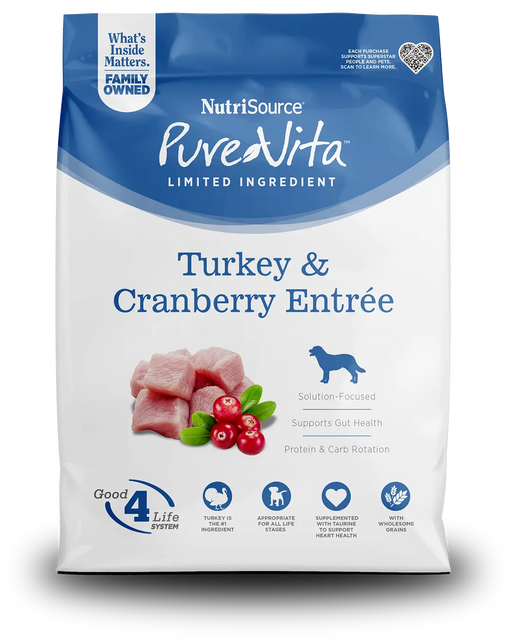 NutriSource PureVita dog food package with turkey and cranberry entrée on a white background