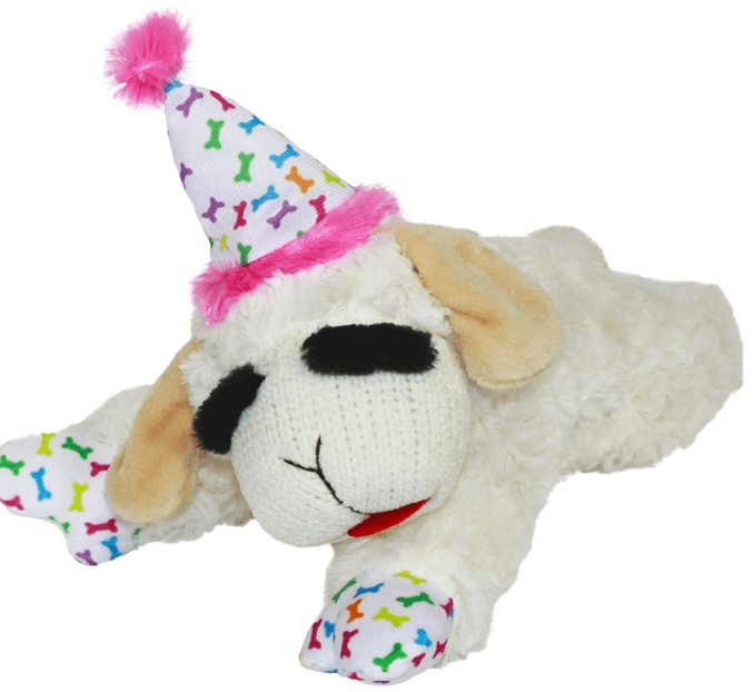 Multipet Lamb Chop with Birthday Hat Plush Dog Toy, Pink Medium