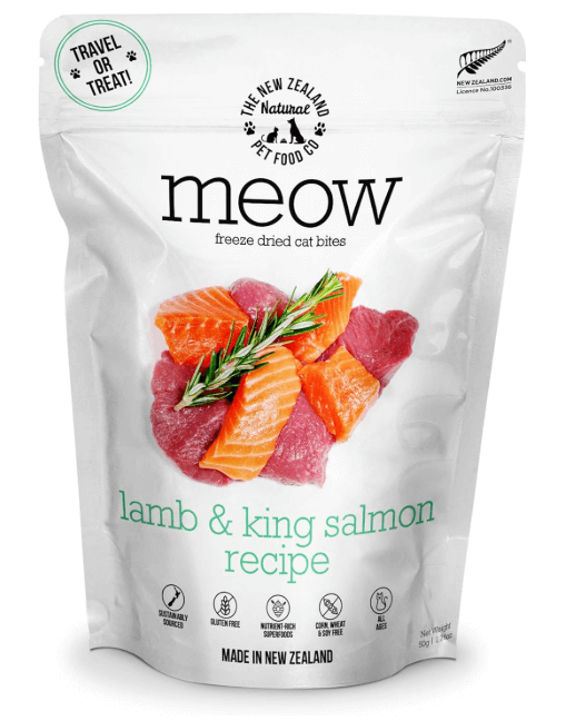 Meow Lamb & King Salmon Freeze Dried Raw Cat Food, Mixer, or Topper, or Treat - High Protein, Natural, Limited Ingredient Recipe 1.76 oz