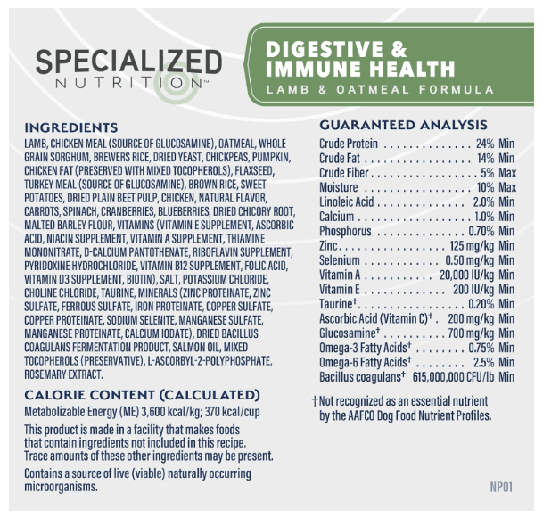 Natural Balance Specialized Nutrition Digestive & Immune Health Lamb & Oatmeal Formula