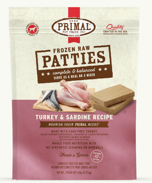Primal Dog Frozen Patties, Turkey & Sardine 6 lbs