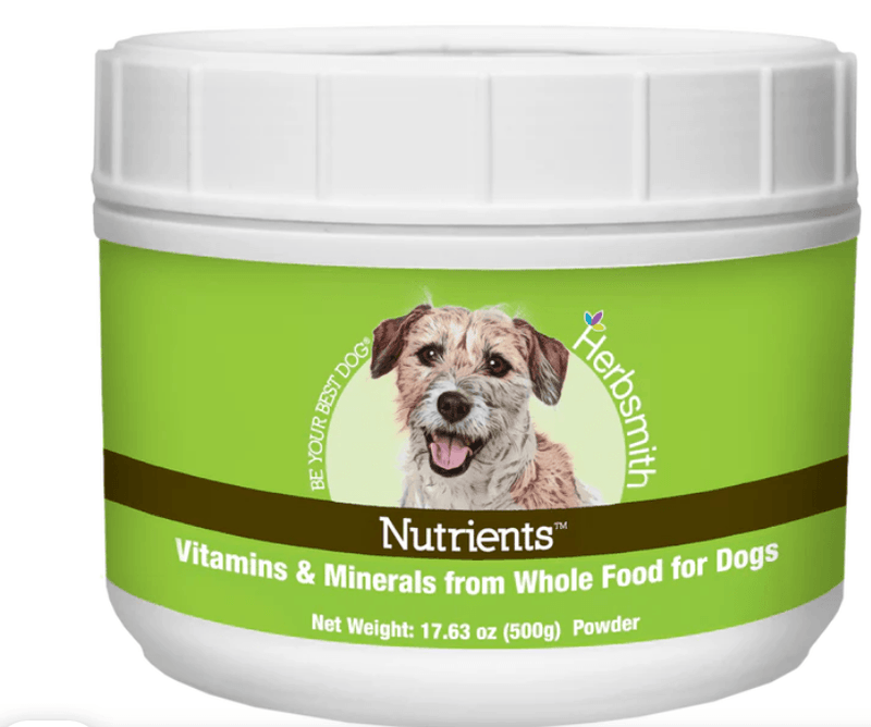 Herbsmith Nutrients vitamins and minerals for dogs container with a dog on the label.