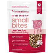 Smallbatch Dog freeze-dried raw Small Bites Beef Recipe meal or topper, 7 oz and 20 oz bag, 88% grass-fed beef, organ and bone. Sold at Jake's Pet Supply Boca Raton Lake Worth