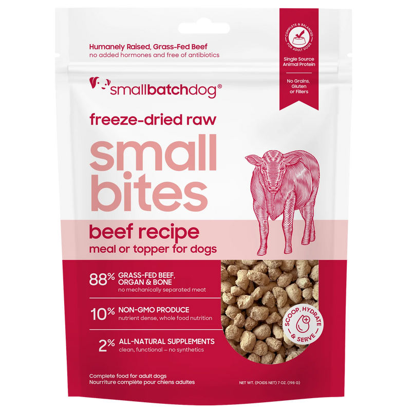 Smallbatch Dog freeze-dried raw Small Bites Beef Recipe meal or topper, 7 oz and 20 oz bag, 88% grass-fed beef, organ and bone. Sold at Jake's Pet Supply Boca Raton Lake Worth