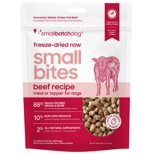 Smallbatch Dog freeze-dried raw Small Bites Beef Recipe meal or topper, 7 oz and 20 oz bag, 88% grass-fed beef, organ and bone. Sold at Jake's Pet Supply Boca Raton Lake Worth
