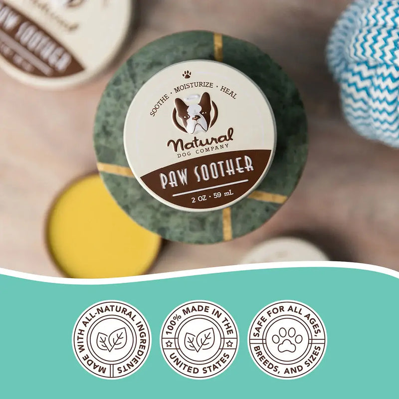 Natural Dog Company Paw Soother tin, made with all-natural ingredients in the USA, safe for all dog ages and breeds. Sold at Jake's Pet Supply Boca Raton Lake Worth