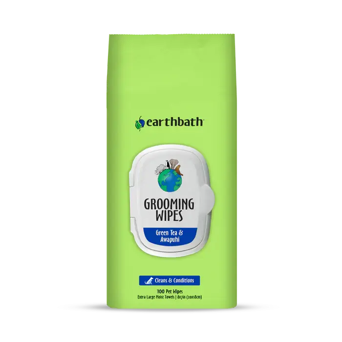 Earthbath Green Tea & Awapuhi cat and dog grooming wipes, 100-count resealable pack, cleans and conditions. Sold at Jake's Pet Supply Boca Raton Lake Worth