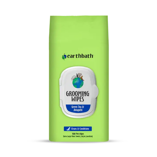 Earthbath Green Tea & Awapuhi cat and dog grooming wipes, 100-count resealable pack, cleans and conditions. Sold at Jake's Pet Supply Boca Raton Lake Worth