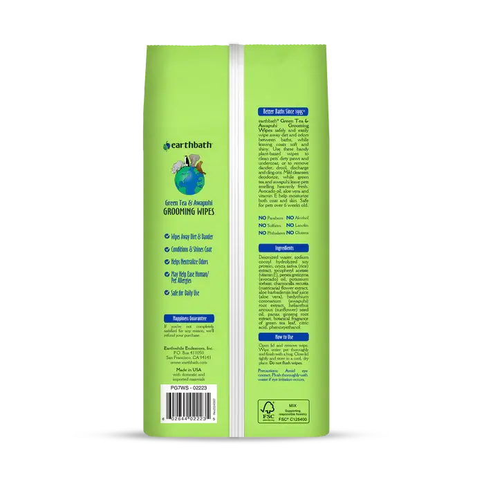 Back of Earthbath Green Tea & Awapuhi grooming wipes listing benefits, ingredients and directions for cats and dogs. Sold at Jake's Pet Supply Boca Raton Lake Worth