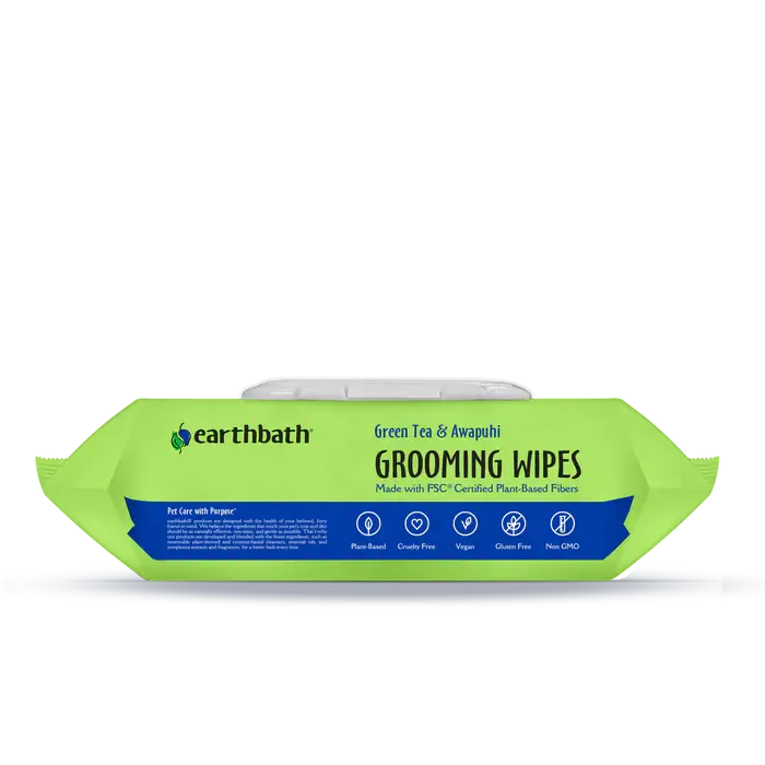 Earthbath Green Tea & Awapuhi grooming wipes lid, made with FSC-certified plant-based fibers, vegan and cruelty-free. Sold at Jake's Pet Supply Boca Raton Lake Worth
