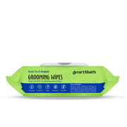 Earthbath Green Tea & Awapuhi grooming wipes top showing plant-based, cruelty-free, vegan, gluten-free and non-GMO icons. Sold at Jake's Pet Supply Boca Raton Lake Worth