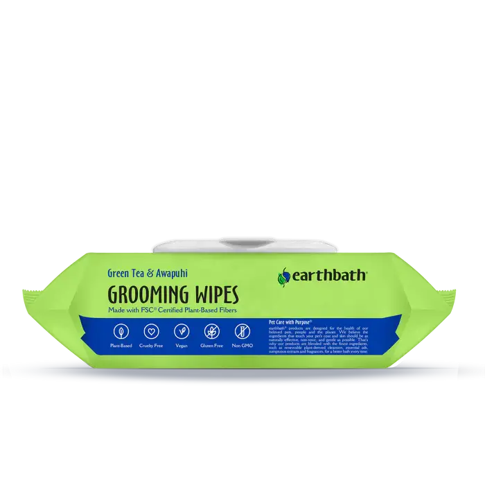 Earthbath Green Tea & Awapuhi grooming wipes top showing plant-based, cruelty-free, vegan, gluten-free and non-GMO icons. Sold at Jake's Pet Supply Boca Raton Lake Worth