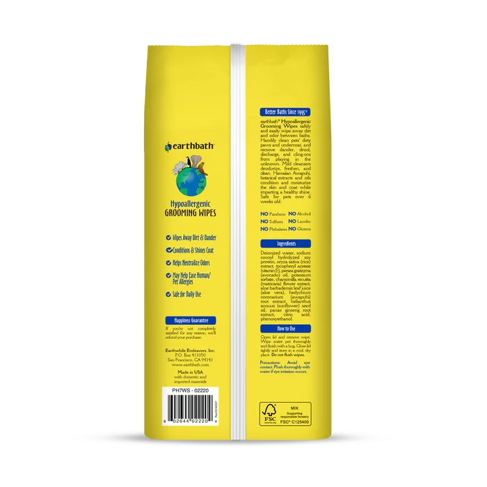 Back of Earthbath Hypoallergenic grooming wipes listing benefits, ingredients and directions for sensitive skin. Sold at Jake's Pet Supply Boca Raton Lake Worth