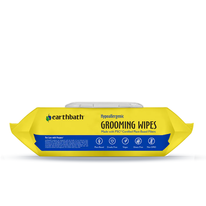 Earthbath Hypoallergenic grooming wipes top showing plant-based, cruelty-free, vegan, gluten-free and non-GMO icons. Sold at Jake's Pet Supply Boca Raton Lake Worth