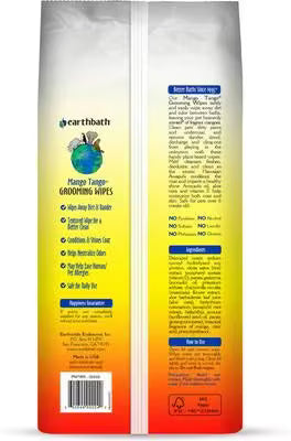 Back of Earthbath Mango Tango grooming wipes pack listing plant-based pet wipe benefits and directions. Sold at Jake's Pet Supply Boca Raton Lake Worth