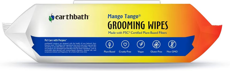 Earthbath Mango Tango grooming wipes lid, made with FSC-certified plant-based fibers, vegan and cruelty-free. Sold at Jake's Pet Supply Boca Raton Lake Worth