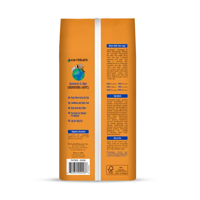 Back of Earthbath Oatmeal & Aloe grooming wipes listing itchy dry skin relief, ingredients and directions. Sold at Jake's Pet Supply Boca Raton Lake Worth