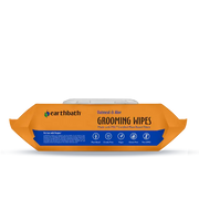 Earthbath Oatmeal & Aloe grooming wipes top showing plant-based, cruelty-free, vegan, gluten-free and non-GMO icons. Sold at Jake's Pet Supply Boca Raton Lake Worth