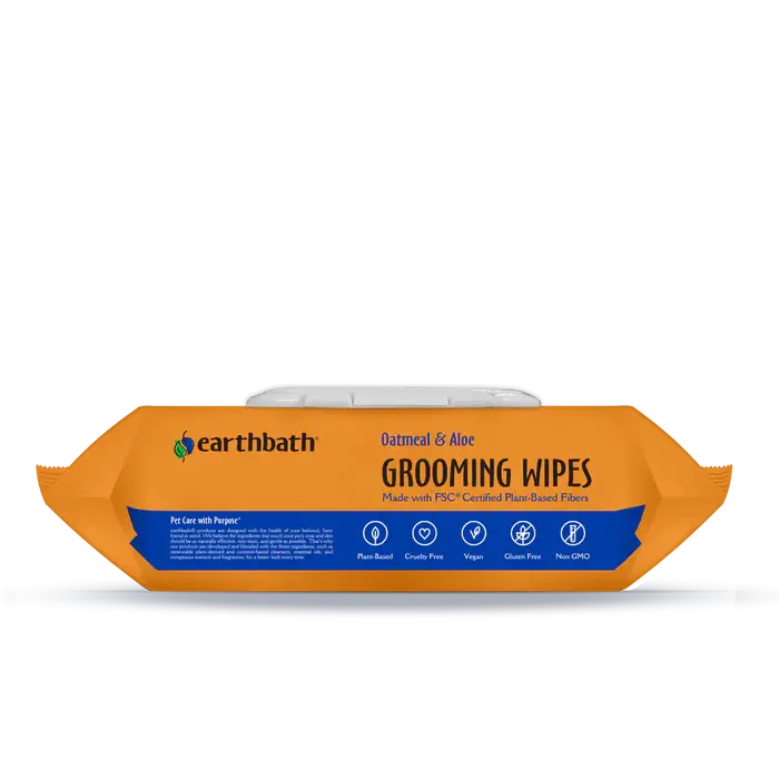 Earthbath Oatmeal & Aloe grooming wipes top showing plant-based, cruelty-free, vegan, gluten-free and non-GMO icons. Sold at Jake's Pet Supply Boca Raton Lake Worth
