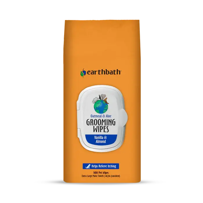Earthbath Oatmeal & Aloe cat and dog grooming wipes in Vanilla & Almond, 100-count pack, helps relieve itching. Sold at Jake's Pet Supply Boca Raton Lake Worth