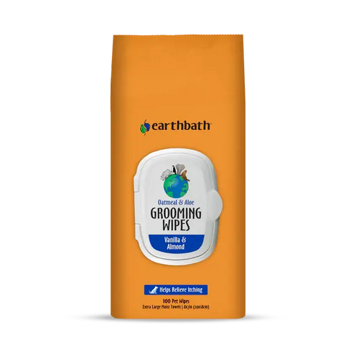 Earthbath Oatmeal & Aloe cat and dog grooming wipes in Vanilla & Almond, 100-count pack, helps relieve itching. Sold at Jake's Pet Supply Boca Raton Lake Worth