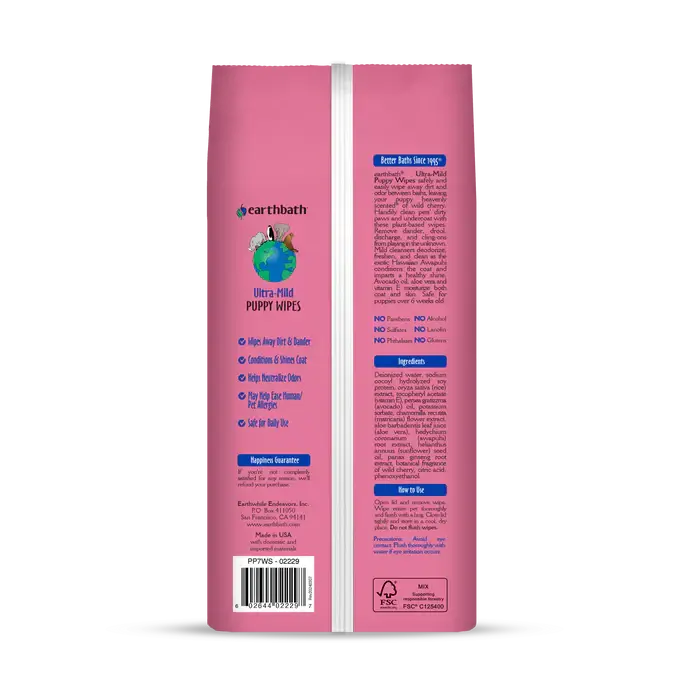 Back of Earthbath Ultra-Mild puppy wipes listing gentle cleaning benefits, ingredients and directions for puppies. Sold at Jake's Pet Supply Boca Raton Lake Worth