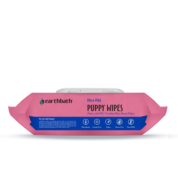 Earthbath Ultra-Mild puppy wipes lid, made with FSC-certified plant-based fibers, vegan and cruelty-free. Sold at Jake's Pet Supply Boca Raton Lake Worth