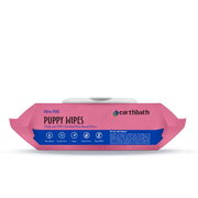 Earthbath Ultra-Mild puppy wipes top showing plant-based, cruelty-free, vegan, gluten-free and non-GMO icons. Sold at Jake's Pet Supply Boca Raton Lake Worth