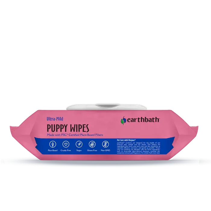 Earthbath Ultra-Mild puppy wipes top showing plant-based, cruelty-free, vegan, gluten-free and non-GMO icons. Sold at Jake's Pet Supply Boca Raton Lake Worth