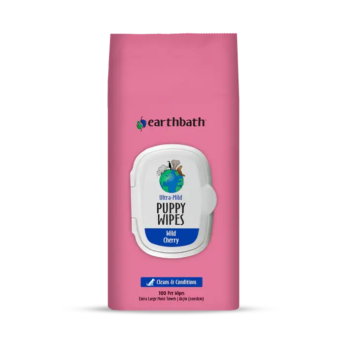 Earthbath Ultra-Mild puppy wipes in Wild Cherry, 100-count pack, gently cleans and conditions for puppies. Sold at Jake's Pet Supply Boca Raton Lake Worth