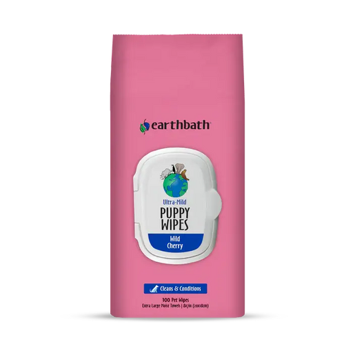 Earthbath Ultra-Mild puppy wipes in Wild Cherry, 100-count pack, gently cleans and conditions for puppies. Sold at Jake's Pet Supply Boca Raton Lake Worth