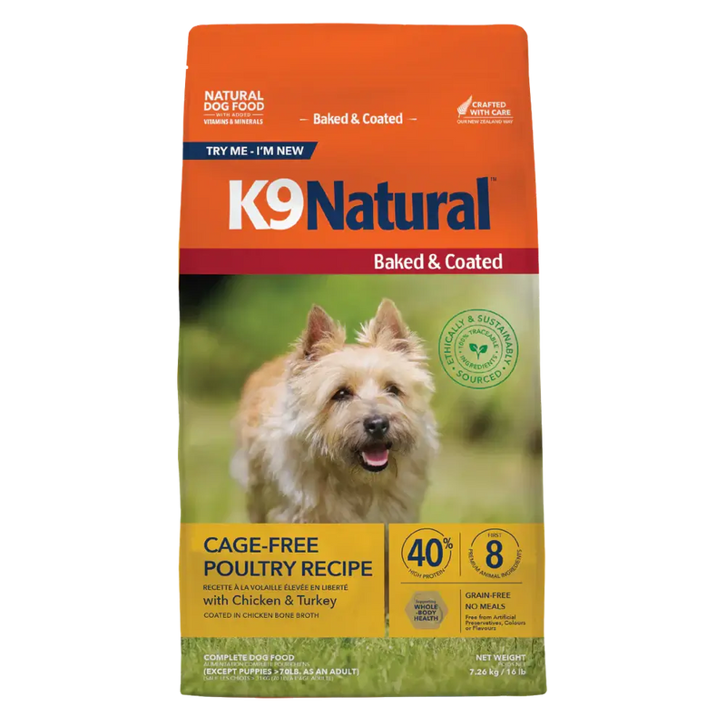 K9 Natural Baked & Coated Cage-Free Poultry Recipe dry dog food, 16 lb bag, with chicken and turkey, grain-free. Sold at Jake's Pet Supply Boca Raton Lake Worth